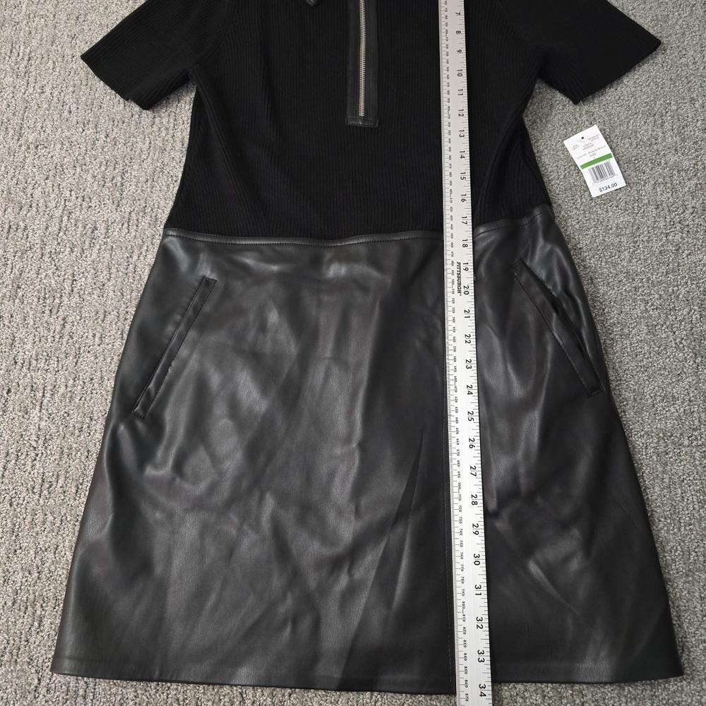 NWT Steve Madden L Black Rib Knit Faux Leather Zip Polo Mini Dress Pockets - Picture 3 of 8